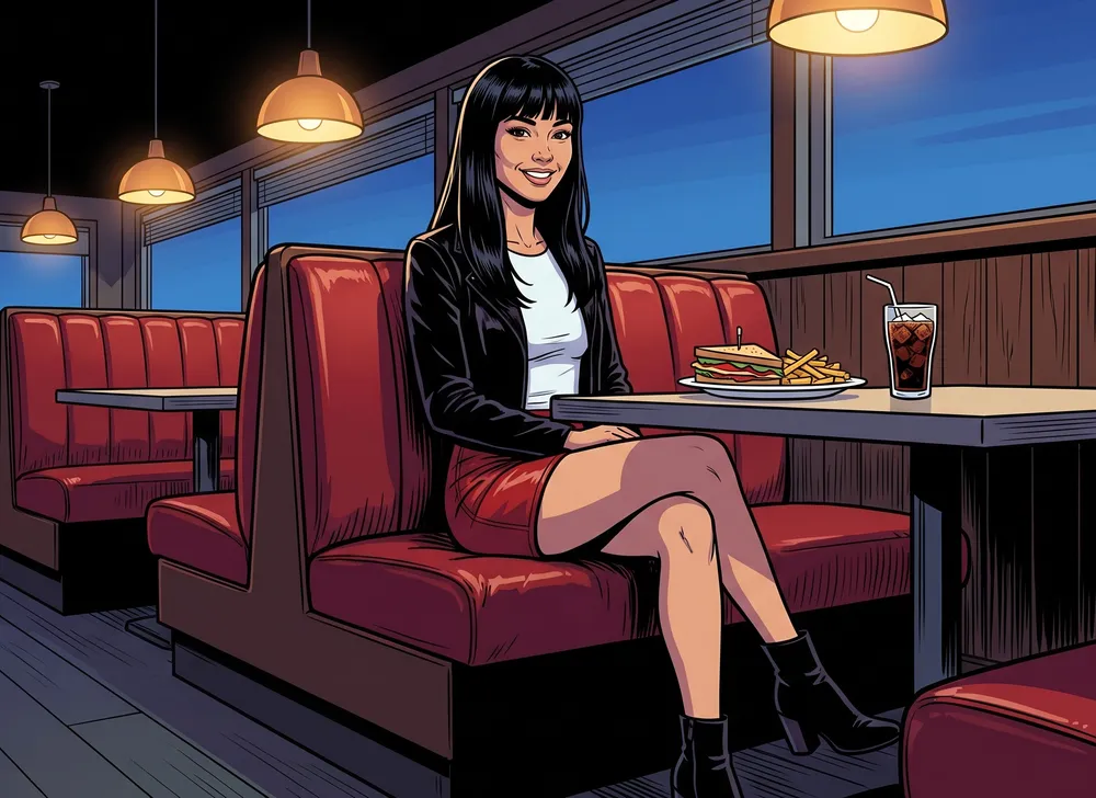 Drawing: the same young woman sits in a red booth of a casual restaurant at night, with a club sandwich, fries and a cola on the table.