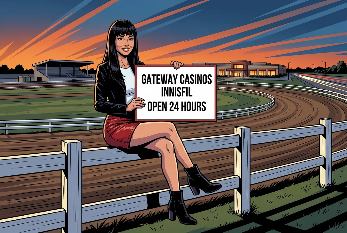 Drawing: a young woman with straight black hair and a fringe, in a black jacket and red mini skirt, sits on a white fence by a harness racing track at dusk, holding a sign that reads Gateway Casinos Innisfil, Open 24 hours.