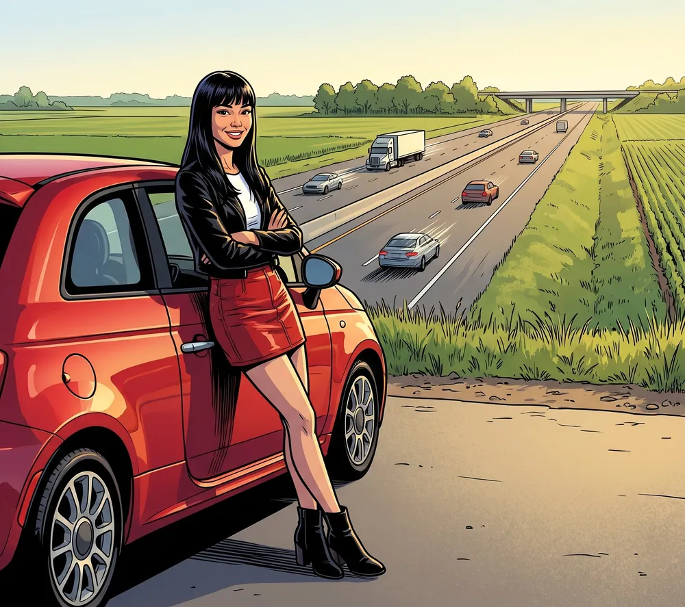 Drawing: the same young woman leans on a small red car at a roadside pull-off beside a divided highway running through green farmland.